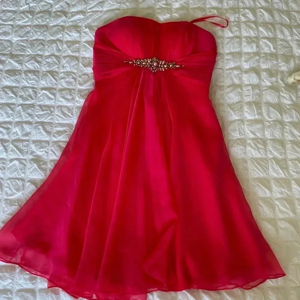 La Femme Red Strapless A-Line Dress with Beaded Waist